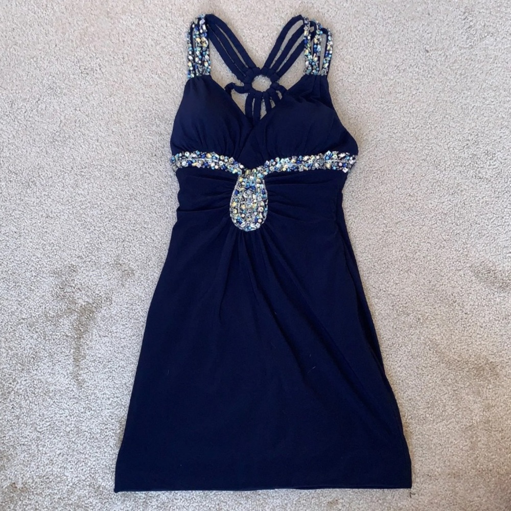 Navy open back dress